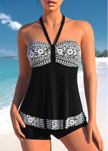 Tribal Print Ruched Black Tankini Top