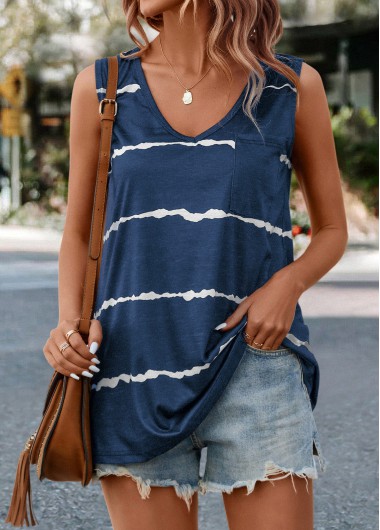 ROTITA Striped Navy V Neck Tank Top