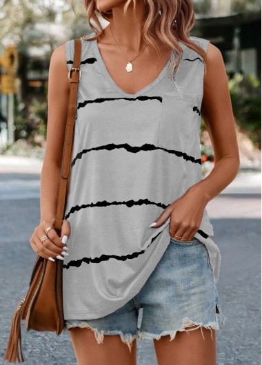 ROTITA Striped Grey V Neck Tank Top