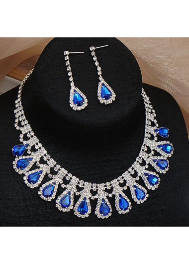Royal Blue Waterdrop Rhinestone Crystal Earrings and Necklace