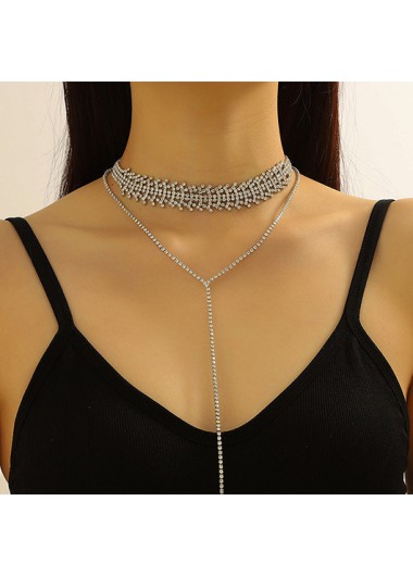 Rhinestone Layered Deisgn Silvery White Necklace