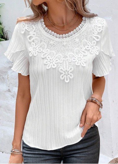 Patchwork Round Neck Short Sleeve White T Shirt
