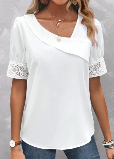 ROTITA Patchwork White Asymmetrical Neck Short Sleeve Blouse