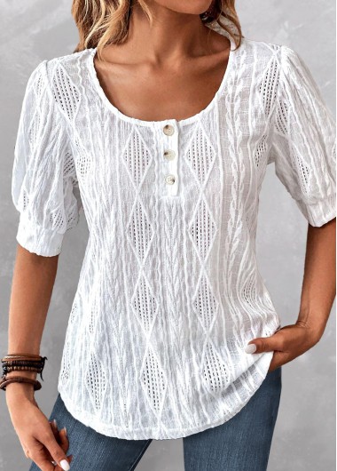 ROTITA Button White Round Neck Short Sleeve Blouse