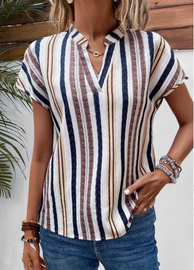 Striped Split Multi Color Short Sleeve Blouse