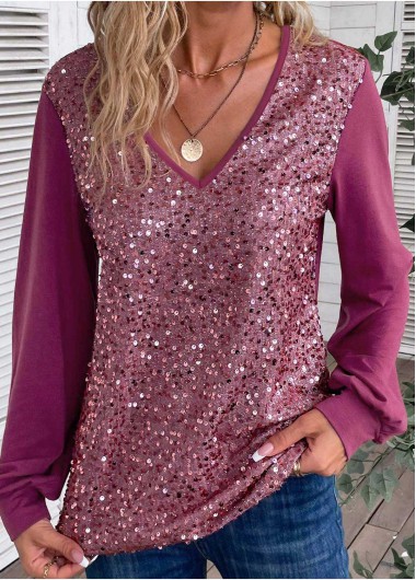 ROTITA Sequin Dark Reddish Purple V Neck Blouse