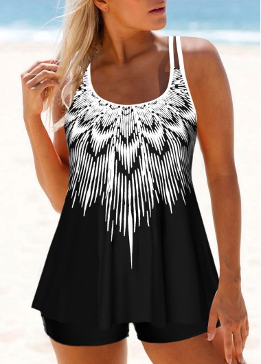Tribal Print Patchwork Black Tankini Top