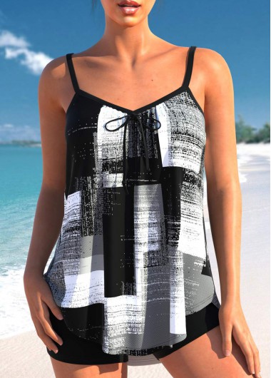 ROTITA Bowknot Black Geometric Print Tankini Top
