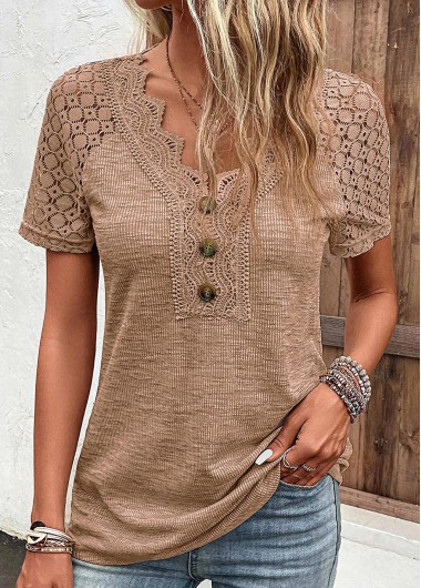 ROTITA Lace Dark Camel V Neck T Shirt