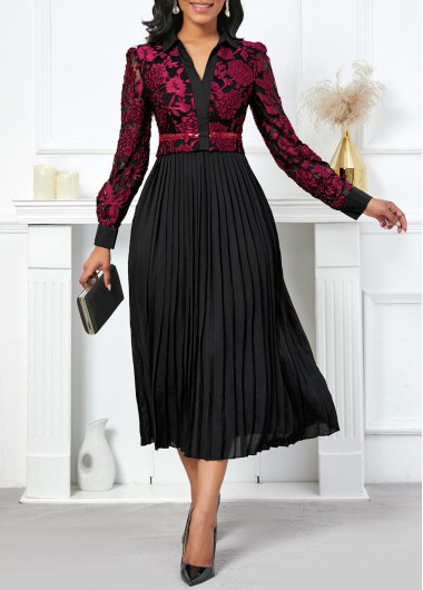 ROTITA Pleated Black V Neck Long Sleeve Dress