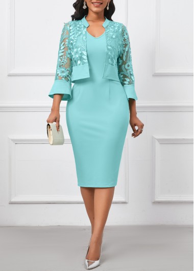 ROTITA Two Piece Mint Green Stand Collar Dress and Cardigan