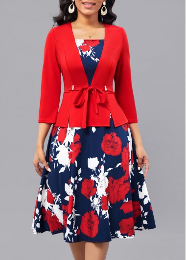 ROTITA Fake 2in1 Floral Print Red Belted Square Neck Dress