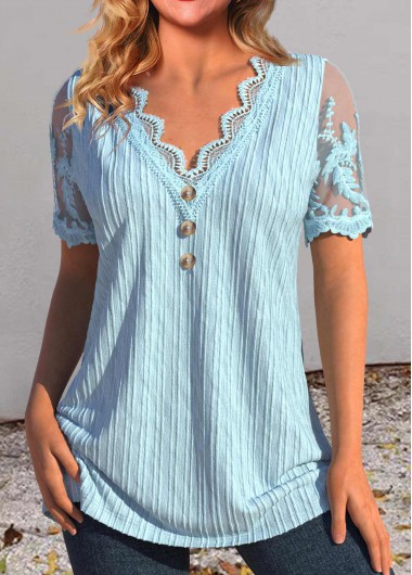 ROTITA Lace Dusty Blue V Neck T Shirt