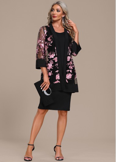ROTITA Two Piece Black Round Neck Shift Dress and Cardigan
