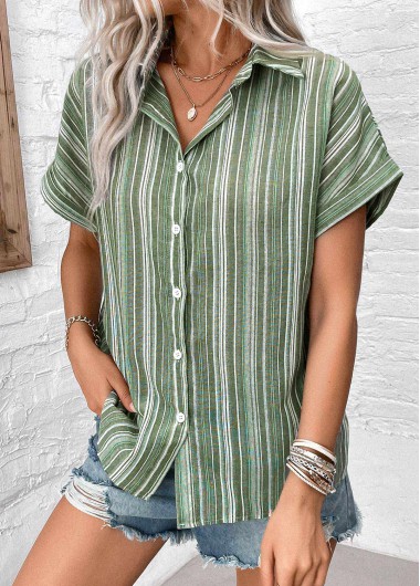 ROTITA Button Striped Sage Green Shirt Collar Blouse