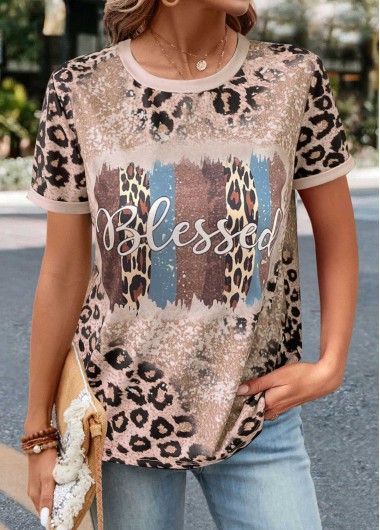 ROTITA Patchwork Leopard Light Camel Round Neck T Shirt