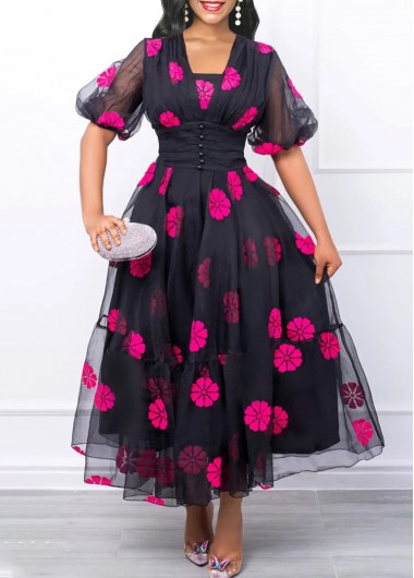 Floral Print Lace Black Square Neck Maxi Dress