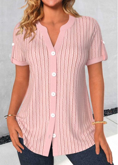 ROTITA Button Light Pink Split Neck Short Sleeve Blouse