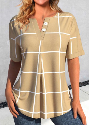 ROTITA Button Plaid Light Camel Split Neck Blouse