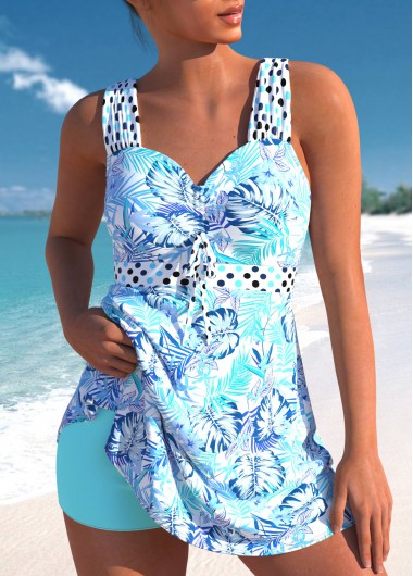 High Waisted Leaf Print Criss Cross Cyan Swimdress Set