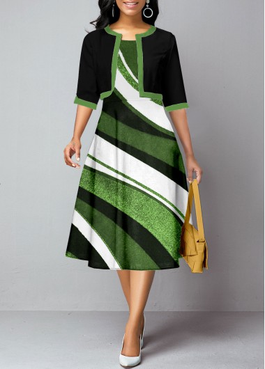Round Neck Geometric Print Green Dress and Cardigan
