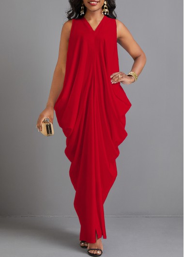 ROTITA Split Red O Shape V Neck Maxi Dress