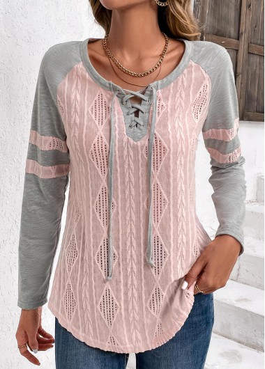 ROTITA Twisted Light Pink Lace Up Collar T Shirt