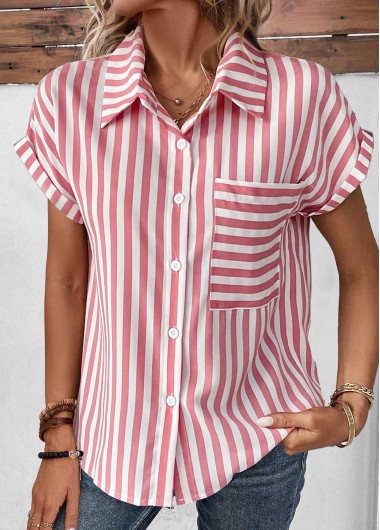 ROTITA Pocket Striped Pink Shirt Collar Short Sleeve Blouse