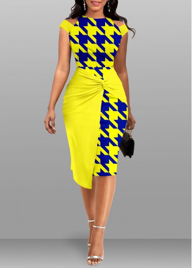 ROTITA Twist Geometric Print Yellow Bodycon Round Neck Dress