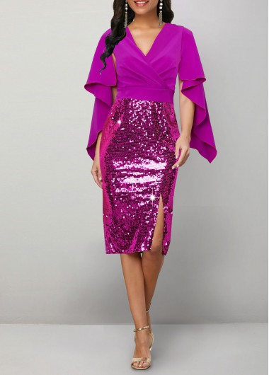 Sequin Bodycon Purple V Neck Long Sleeve Dress