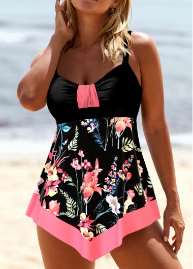 ROTITA Circular Ring Black Random Floral Print Swimdress Top
