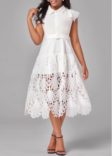 Lace Belted White Polo Collar Short Sleeve Dress
