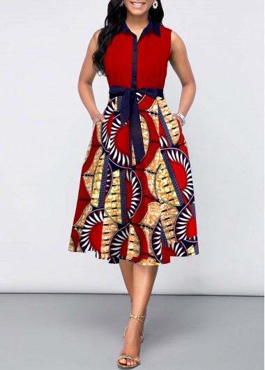 Tribal Print Button Belted Red Shirt Collar Dress
