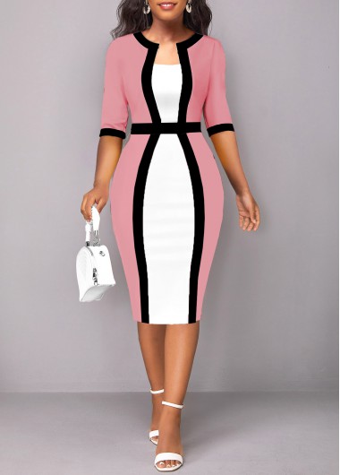Patchwork Round Neck Half Sleeve Pink Bodycon Dress