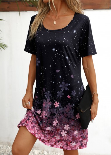 ROTITA Floral Print Black Shift Dress