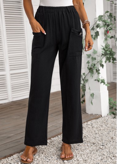 Pocket Black Elastic Waist High Waisted Pants