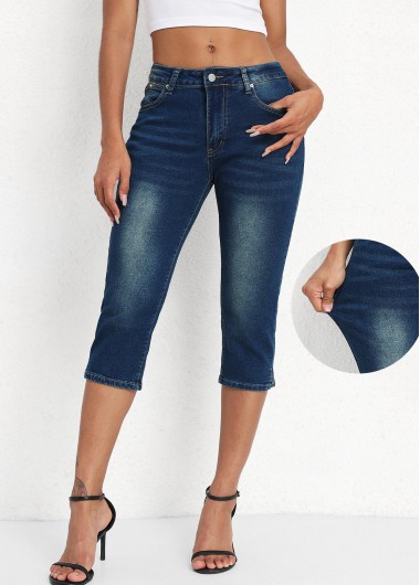 Denim Blue Mid Waisted Button Fly Capri Leggings