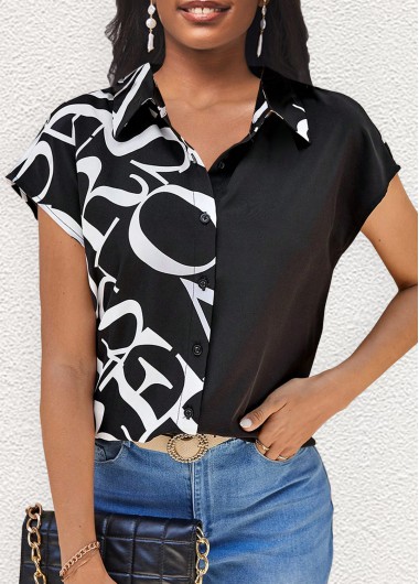 Letter Print Patchwork Black Shirt Collar Blouse