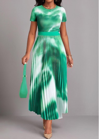 Tie Dye Print Pleated Green Maxi Dress
