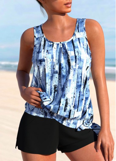ROTITA Patchwork Blue Geometric Print Mid Waisted Tankini Set