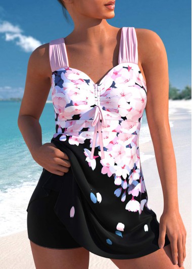 ROTITA Drawstring Pink Floral Print Swimdress Top
