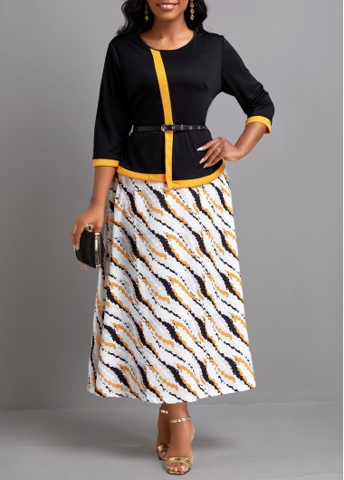 ROTITA Fake 2in1 Black Round Neck Maxi Dress