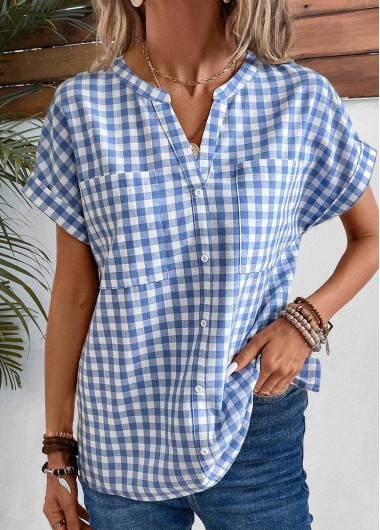 ROTITA Pocket Plaid Denim Blue Split Neck Blouse