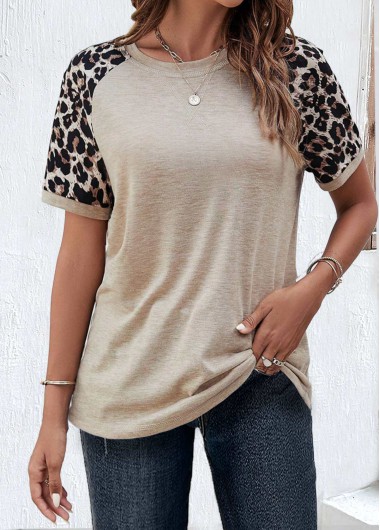 ROTITA Patchwork Leopard Light Camel Round Neck T Shirt