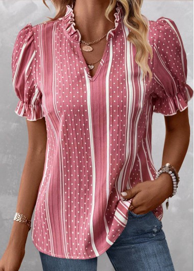 ROTITA Frill Striped Pink Split Neck Short Sleeve Blouse