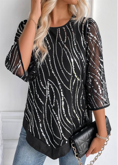 ROTITA 3/4 Sleeve Sequin Black Round Neck Blouse