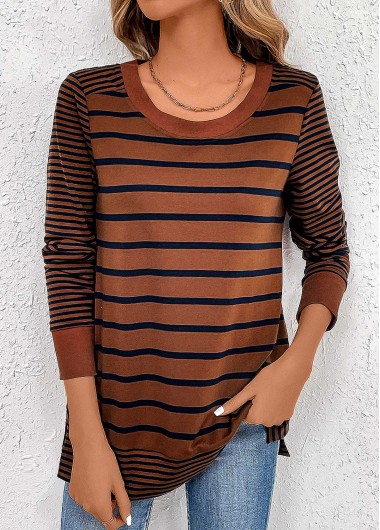 ROTITA Patchwork Striped Dark Coffee Round Neck T Shirt