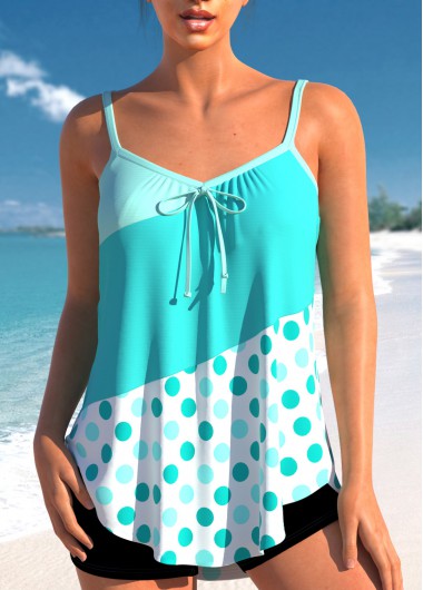 ROTITA Bowknot Cyan Polka Dot Tankini Top
