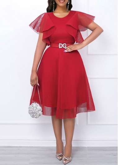 ROTITA Mesh Red V Neck Short Sleeve Dress