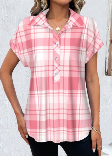 ROTITA Button Plaid Pink Shirt Collar Short Sleeve Blouse